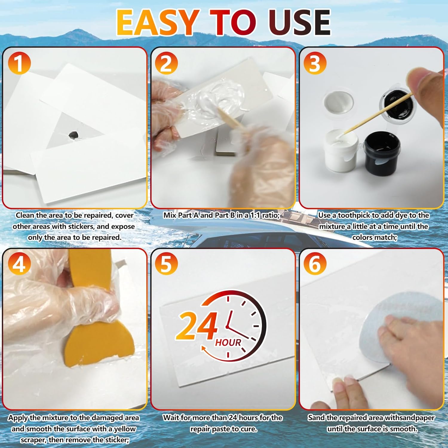 Skiennix Marine Fiberglass Repair Kit - Gel Coat & Epoxy Filler for Boats | Fix Holes, Chips, Cracks