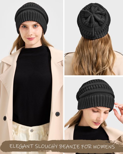 Cable Knit Slouchy Beanie for Women, Wool Winter Warm Womens Beanies, Trendy Oversized Slouch Hat Skull Ski Cap Hats Black