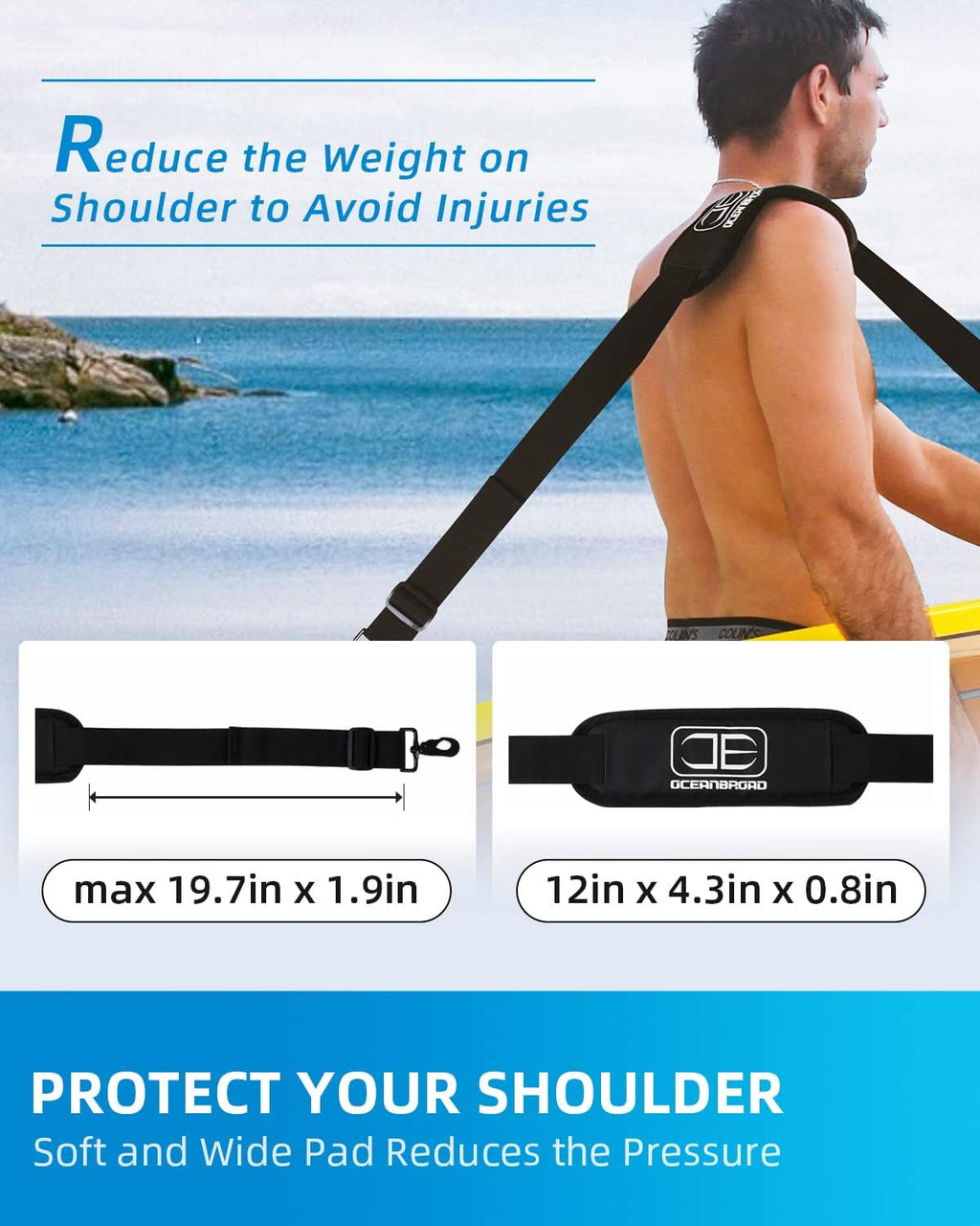 OCEANBROAD SUP Kayak Carry Strap - Adjustable Shoulder Strap with Clips for Paddle Boards & Canoes