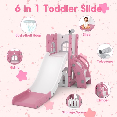 LulliSpace 6 in 1 Toddler Slide - Versatile Kids Playset with Basketball Hoop & Telescope | Indoor/Outdoor Fun