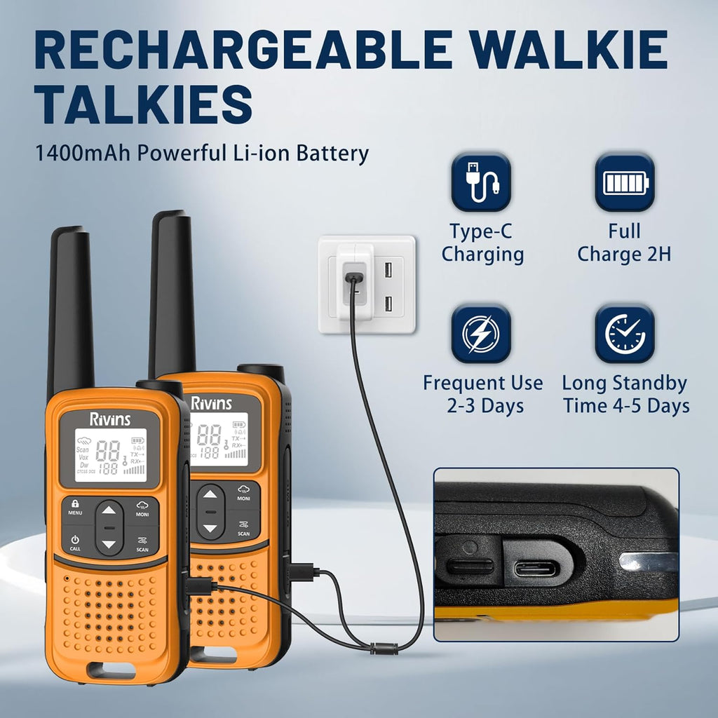 Rivins F22 Rechargeable Walkie Talkies - Long Range 1400mAh Battery, NOAA, USB-C, Flashlight | 2 Pack, Orange