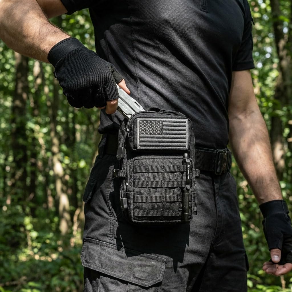 Skiennix EDC Tactical Pouch - 2 Pack Small Molle Pouches with US Flag Patches