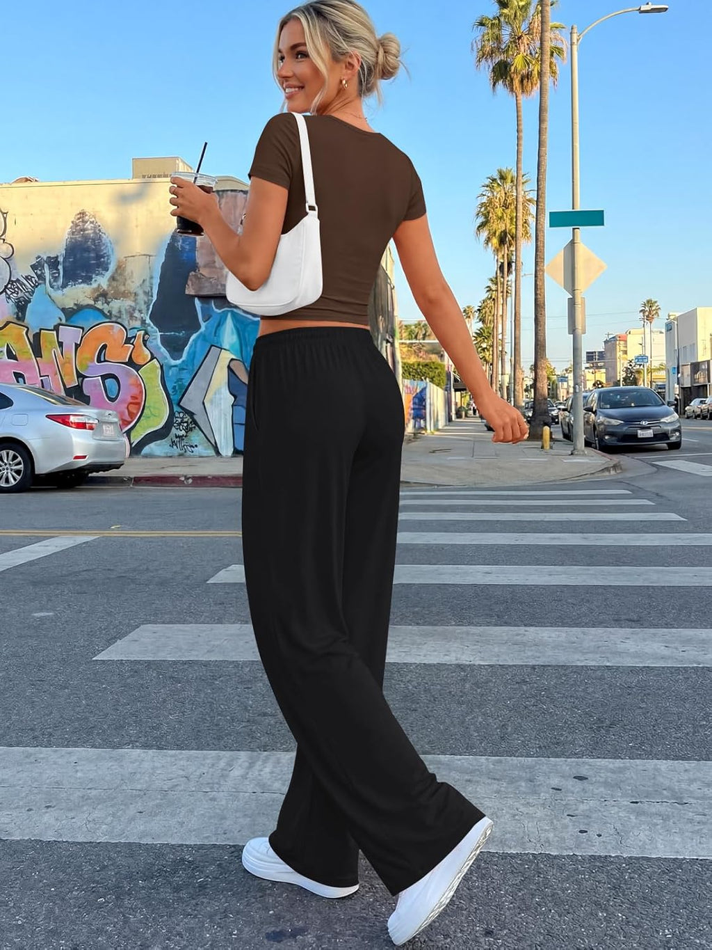 Trendy Queen 2 Piece Summer Lounge Set - Ruching Top & Wide Leg Pants with Pockets