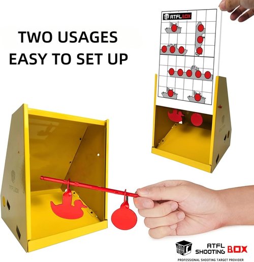 ATFLBOX BB Trap Target - 20 Paper Targets & 2 Metal Silhouettes Spinner - Ideal for Airsoft & Pellet Guns