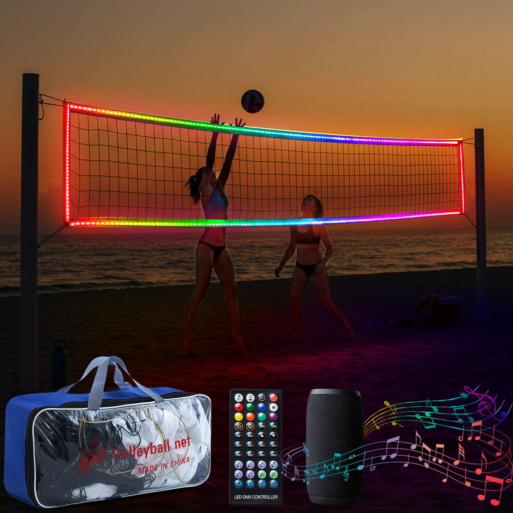 LED Professional Volleyball Net with Steel Cable 31.2x3.3ft Portable Light up Volleyball Net Outdoor with Remote Music Control Glow in The Dark for Backyard Beach Pool Game Outdoor