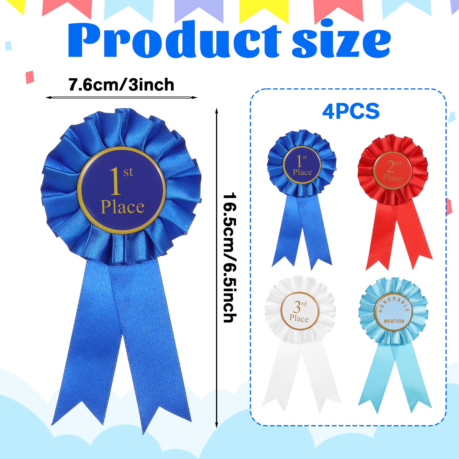 4 PCS Award Ribbon Rosette Set, Grand Prize Ribbon Winner Victory Ribbons, Satin Participation Ribbons 1st 2nd 3rd Place Honorable Mention Prize Badge Medals Deluxe Recognition-Ribbon for Classroom