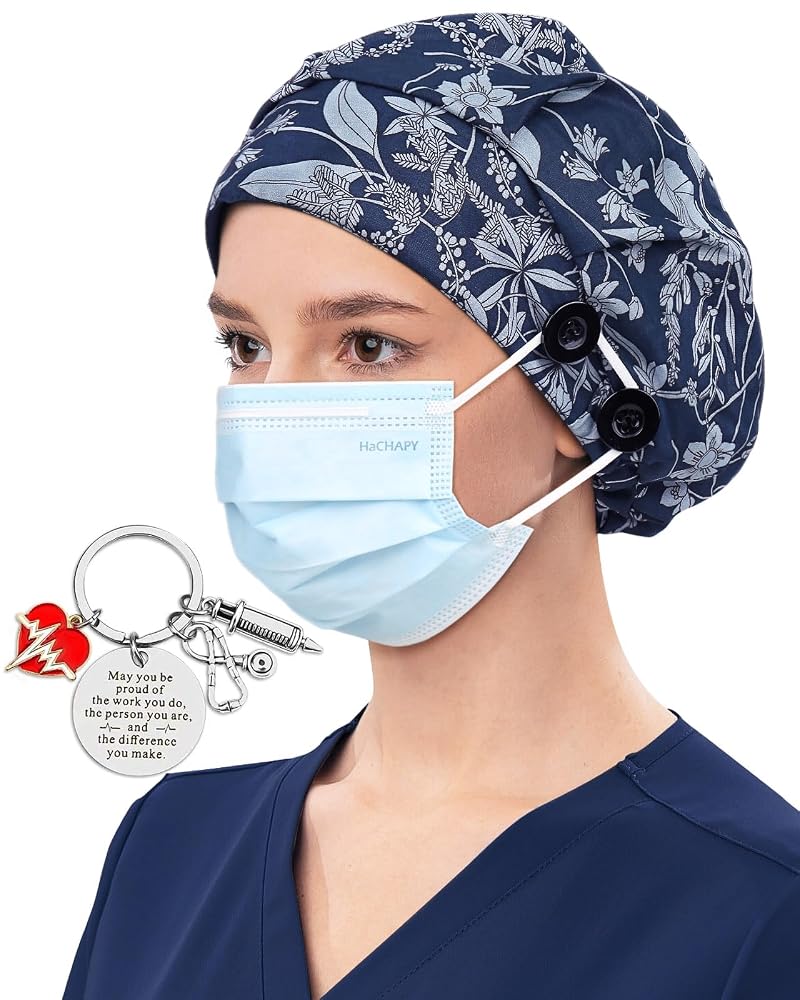 Satin Lined Bouffant Scrub Cap with 4 Buttons and Adjustable Back - Nurses Hair Cap (Natural Blue)