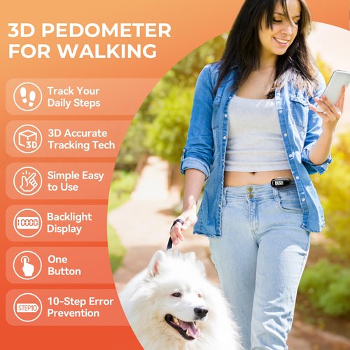 3D Pedometer for Walking, Simple Walking Step Counter with Removable Clip and Strap, USB Rechargeable Step Tracker with Backlight, Accurate Step Counter for Men Women Seniors - Black
