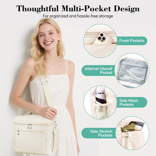DALINDA Lunch Bag Cooler Bag Lunch Box for Women Men, Insulated Leak Proof LunchBox Lightweight for Picnic,Grocery,Beach,Camping,Travel,Work,Light Beige Cream