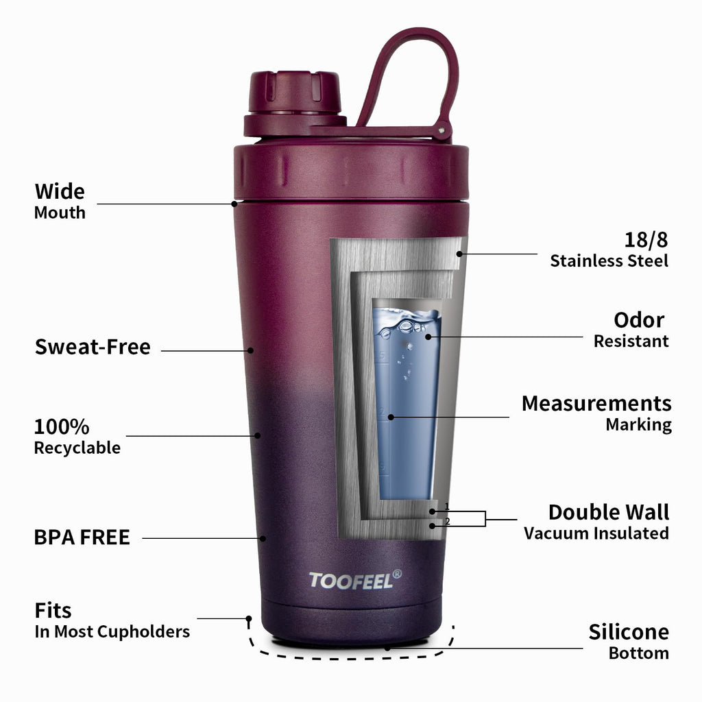 TOOFEEL Stainless Steel Shaker Bottle - 20 oz Double Walled Insulated Protein Shaker Cup, Keeps Cold/Hot for Gym Workout