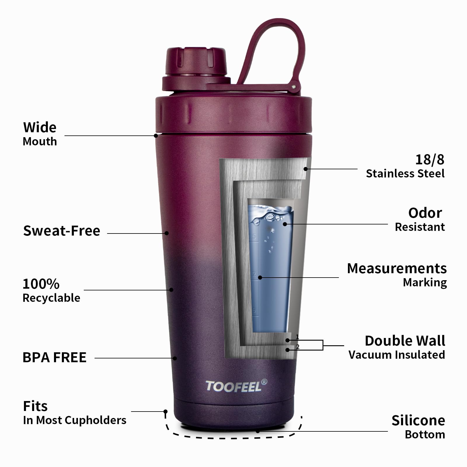 TOOFEEL Stainless Steel Shaker Bottle - 20 oz Double Walled Insulated Protein Shaker Cup, Keeps Cold/Hot for Gym Workout