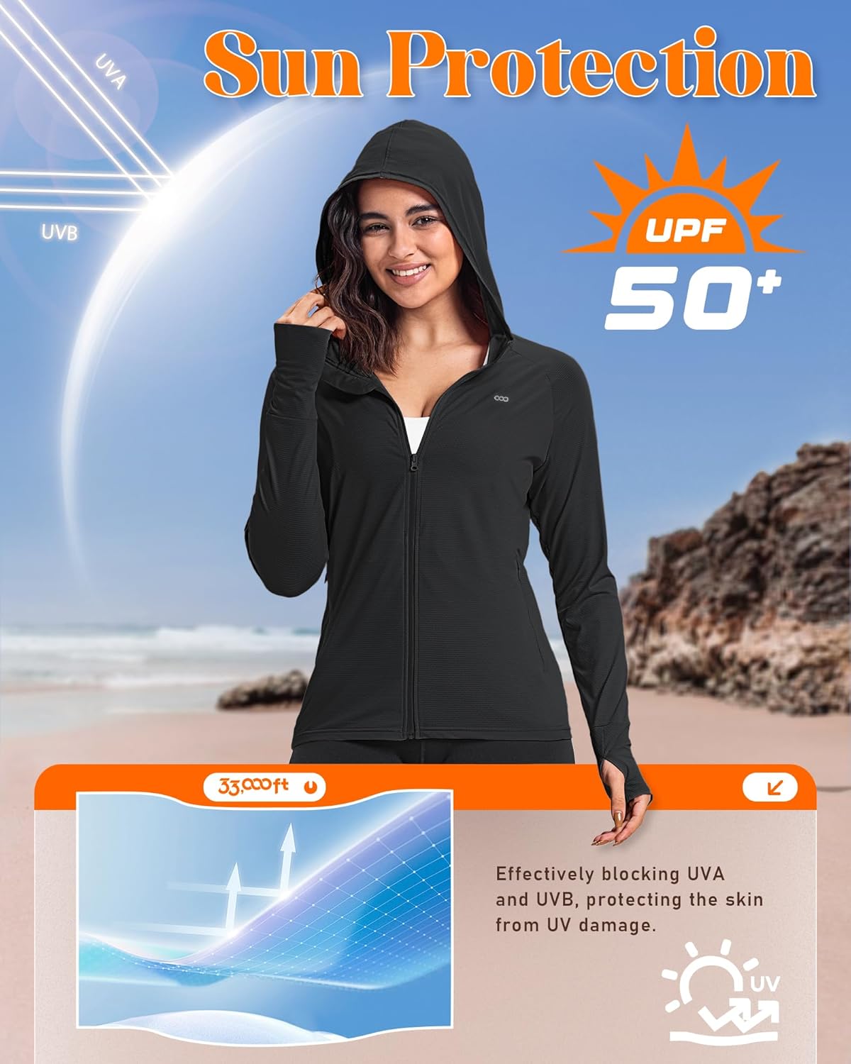 33,000ft Women's Lightweight UPF 50+ Sun Protection Hoodie Jacket - Long Sleeve Zip-Up for Hiking & Running