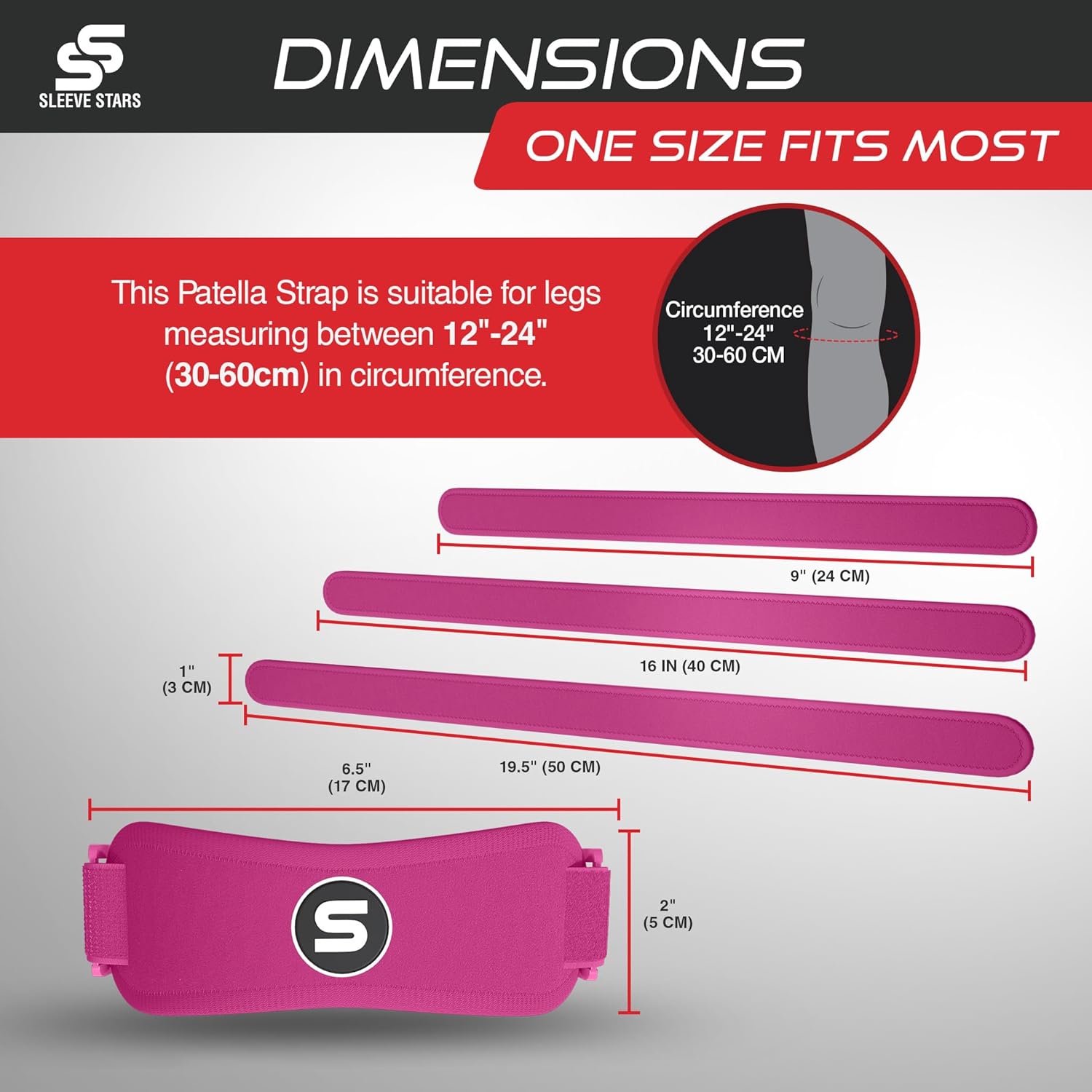Swedish Brand Sleeve Stars Patellar Tendon Support Strap - Effective Osgood Schlatter Knee Brace for Youth & Adults | Adjustable 12"-24" - Hot Pink