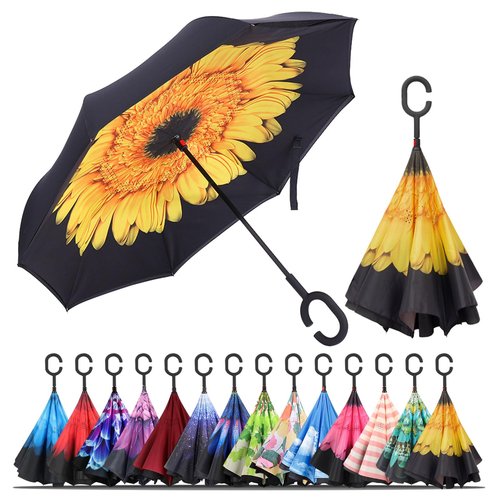LLanxiry Inverted Umbrella, Windproof Reverse Umbrella with C‑Shaped Handle, Self-Standing, Double‑Layer Canopy for Car, Travel & Everyday Use