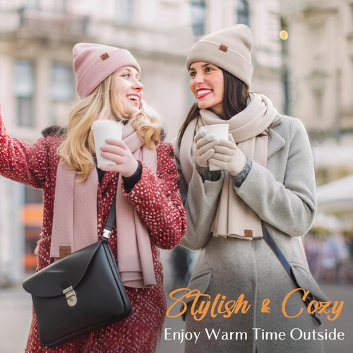 Womens Winter Warm Beanie Hats Gloves Scarf Headband Set for Women Soft Fleece Lined Ear Warmer Knit Scarf Touch Screen Gloves 4 Set Winter Gifts