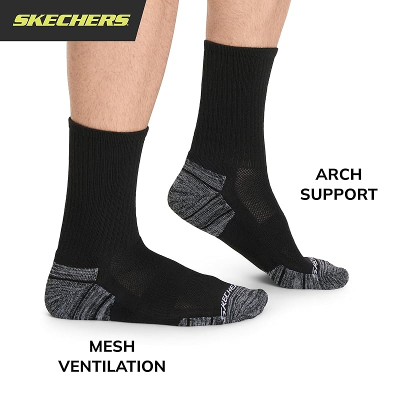 Skechers Men's Cushioned Crew Socks 6-Pack - Black/White, Size 10-13