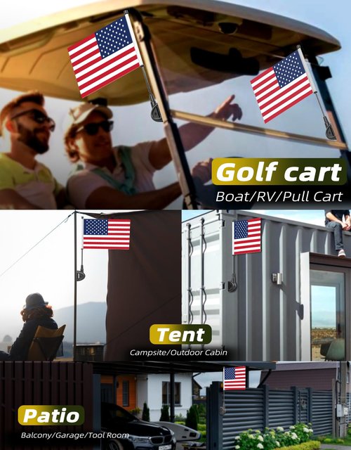 2 Pcs Magnetic Installation Golf Cart Flags, Double-Sewn Silk Satin Fabric 9 x 6" Golf Cart Flags, American Flags with Elastic Strap Bracket for Golf Cart, Pickup Truck, Boat, Bike