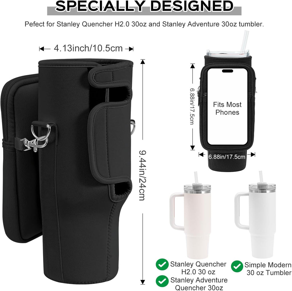 Stanley Water Bottle Carrier Bag - Neoprene Holder with Adjustable 4.9FT Strap & Pouch for 30 oz Tumbler