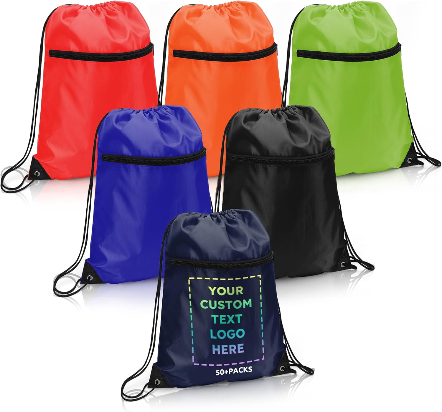 Skiennix Custom Drawstring Backpacks - Personalized Cinch Tote Bags with Zipper Pocket | 100/200 Pack