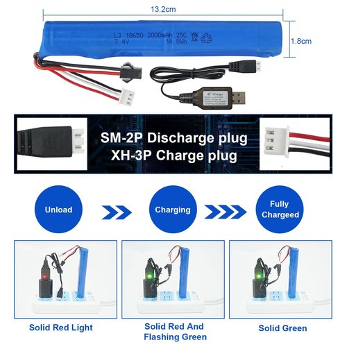 2 Pack 7.4V Batteries 2000mAh for SRB1200 400 400-SUB MP5K M4 M110 for Hobby Remote App Controlled Vehicle Water Bead Blaster Airsoft Gun