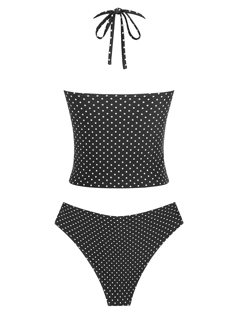Tankini Swimsuit for Women Halter Neck Tummy Control - Polka Dot Black - Medium