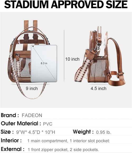 FADEON Clear Small Backpack Purse - Designer Transparent Shoulder Handbag | Stadium Approved PVC Mini Bag