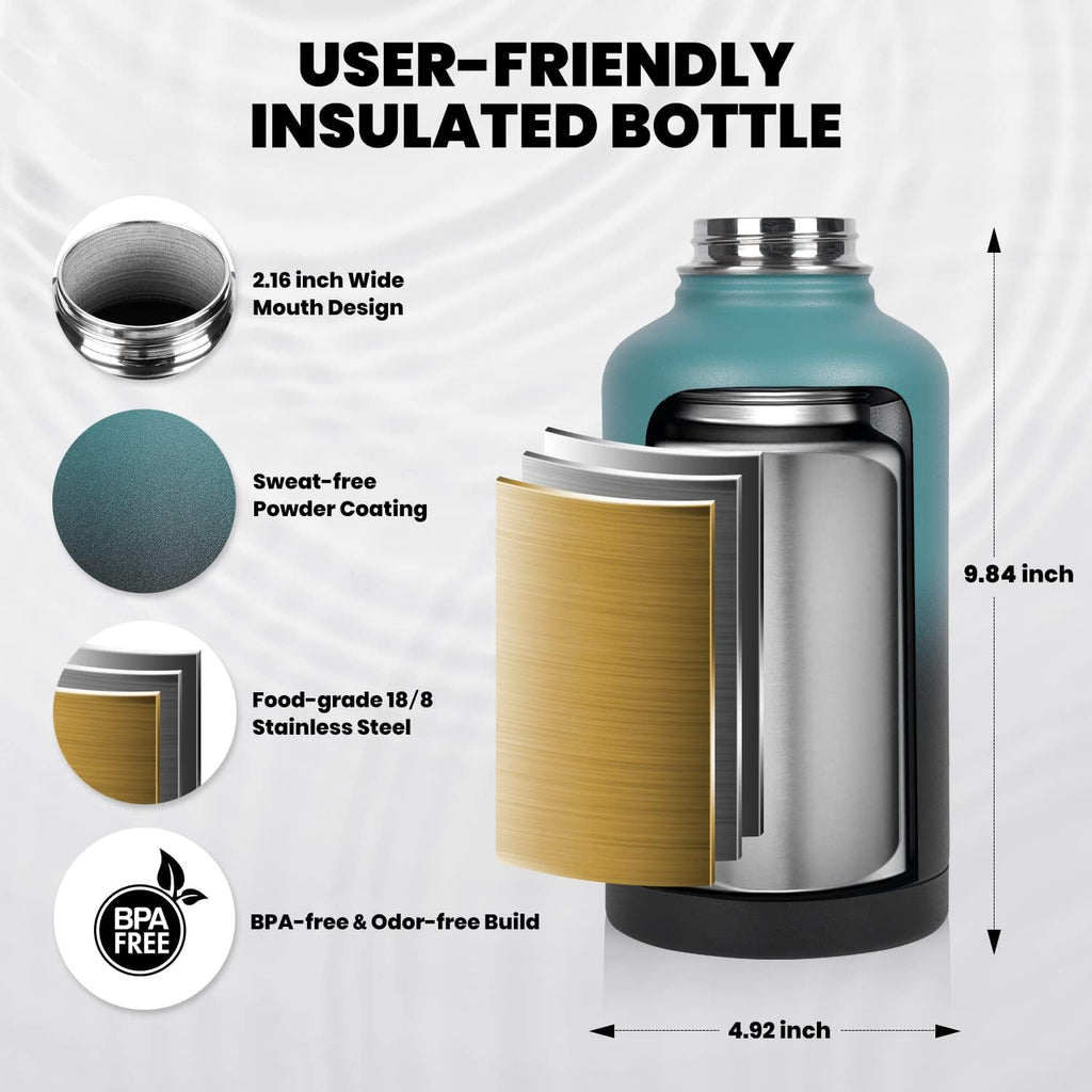 RAYMYLO Insulated Water Bottle - 64 oz Triple Wall Vacuum Stainless Steel | Cold for 48 Hrs, Leak Proof, Non-BPA