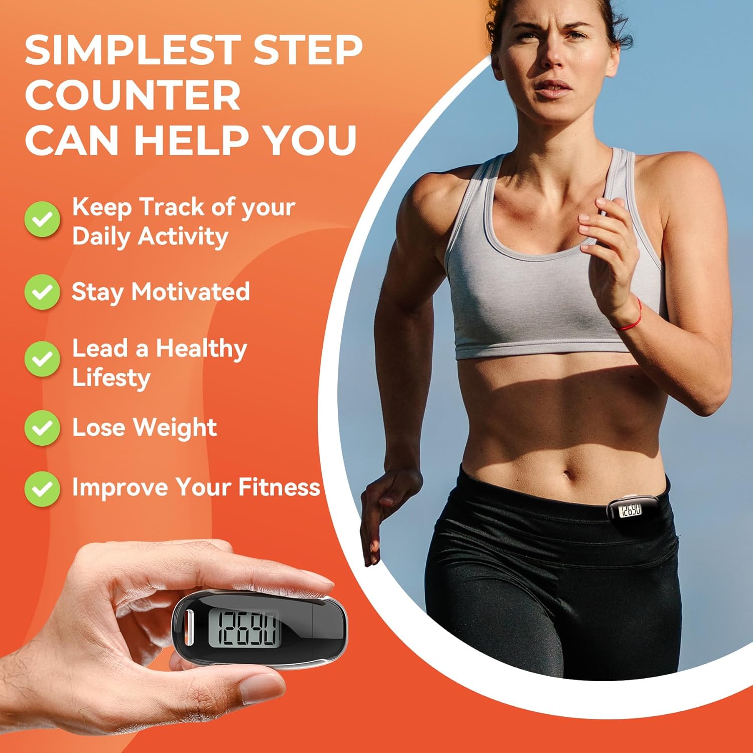 Skiennix 3D Pedometer - USB Rechargeable Step Counter with Backlight | Accurate Walking Tracker for All Ages
