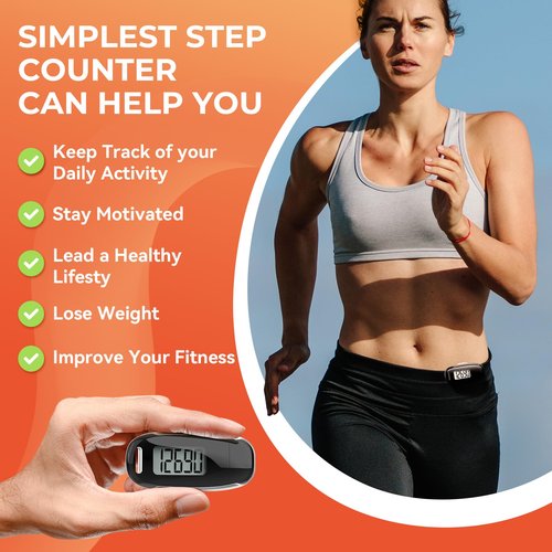 3D Pedometer for Walking, Simple Walking Step Counter with Removable Clip and Strap, USB Rechargeable Step Tracker with Backlight, Accurate Step Counter for Men Women Seniors - Black