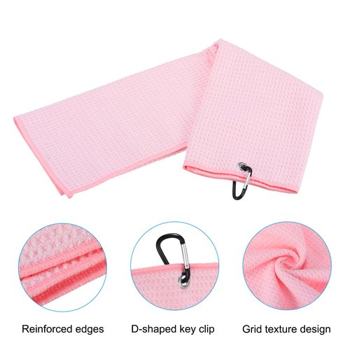 PATIKIL 24"x16" Tri-Fold Golf Towels, Waffle Pattern Towels Soft Fiber Strong Water Absorption with D Clip for Golf Lovers, Pink
