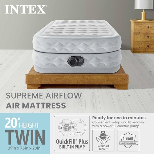 Intex Supreme Air Flow Airbed - 20 Inch Raised Mattress with Built-In Pump & Carrying Case | Twin Size