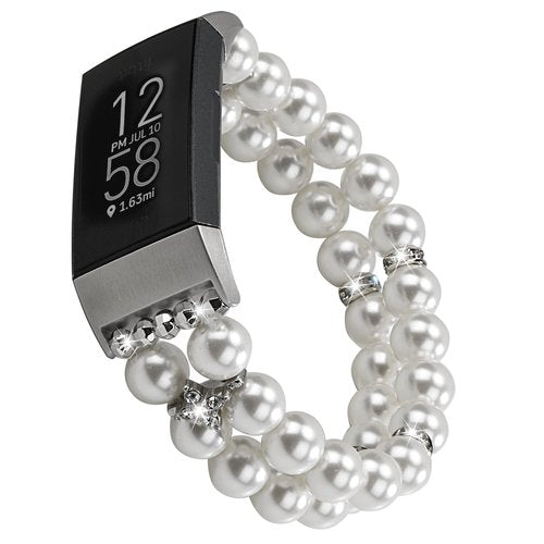 Wongeto Compatible with Fitbit Charge 4 Charge 3 and Charge 3 SE Bands,Fashion Handmade Elastic Stretch Pearl Bracelet Women Replacement Strap for Fitbit Charge 3 accssorises (Pearl White)