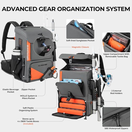 KastKing Fishing Tackle Backpack - All Weather Design with 4 Waterproof Boxes & Rod Holders | Durable ArmorShield Fabric