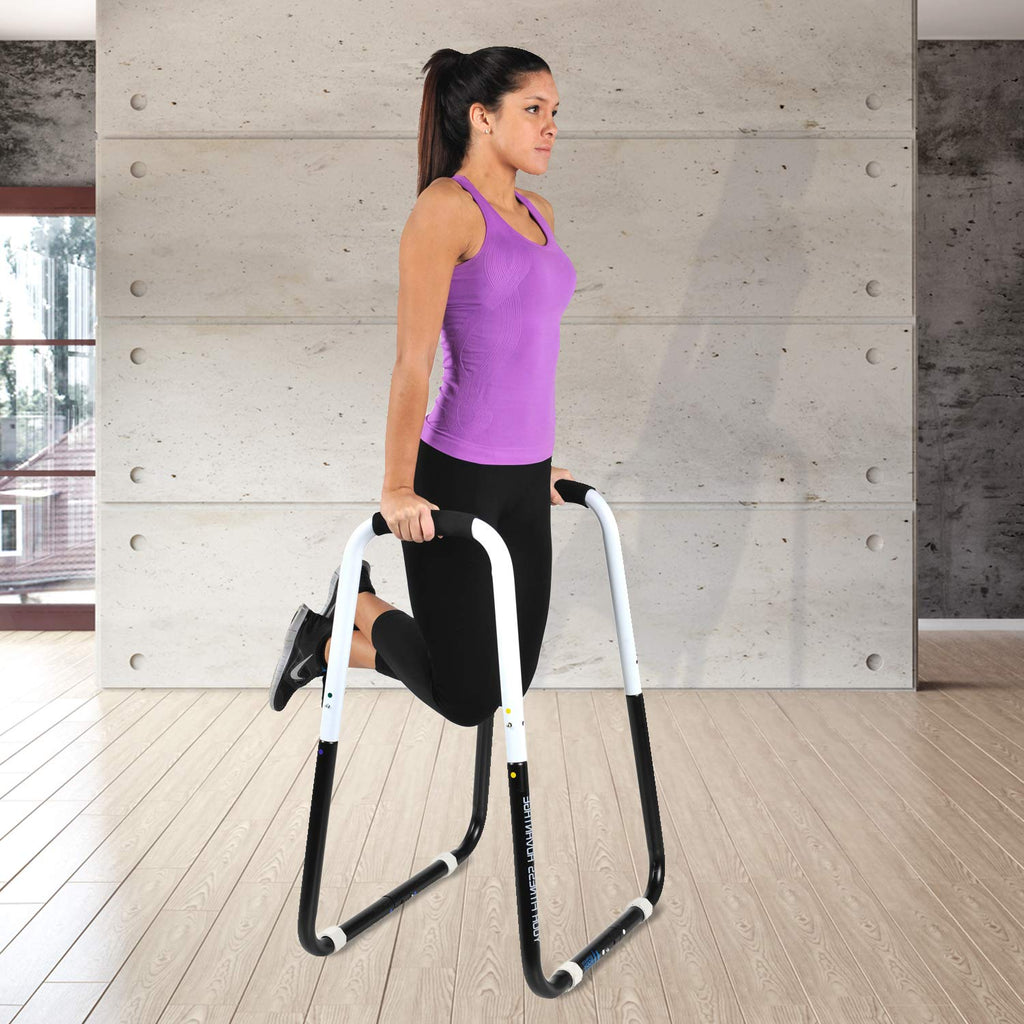 Ultimate Body Press Dip Bar Fitness Station - Adjustable Width Folding Dip Stand with Angled Grips, Stable Leveling and Easy Storage