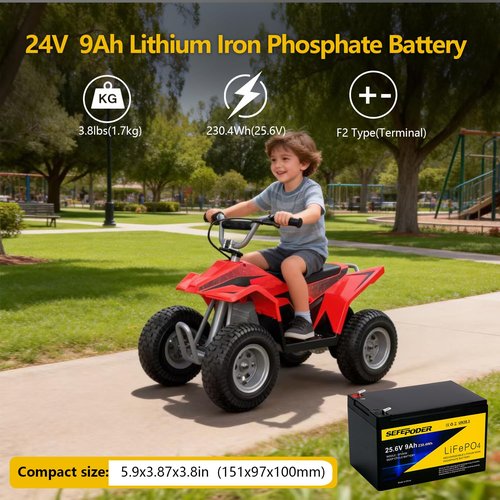 SEFEPODER 24V 9Ah Lithium LiFePO4 Deep Cycle Battery 2 Pack, 3000+ Cycles Rechargeable Battery for Lighting, Scooter, UPS(600W or Less), 24V Power Wheels and More with Built-in 30A BMS