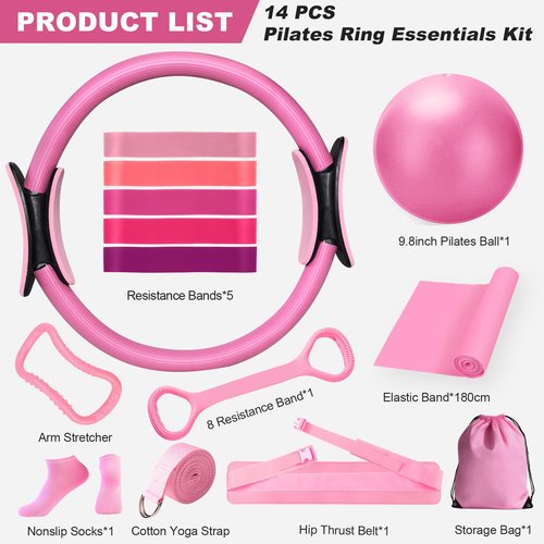 Dilobio Pilates Kit, Home Pilates Essentials Kit for Women, Pilates Equipment Ring and Ball Set, Magic Circle with 5 Resistance Bands, Hip Thrust Belt & Accessories, Toning Fitness Starter Set (Pink)