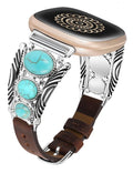 Minyee Leather Band Compatible with Fitbit Versa 4/Versa 3/Sense 2/Sense Band Women, Western Turquoise Boho Vintage Cowboy Retro Jewelry Adjustable Slim Replacement Wristband Strap for Versa 4