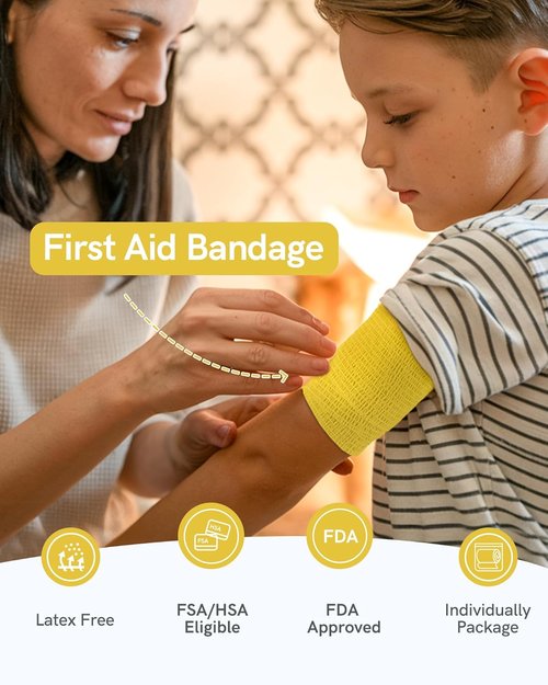 FriCARE Self-Adhesive Bandage Wrap - Cohesive Medical Tape for First Aid | 2 Inches x 5 Yards, Yellow (6 Rolls)