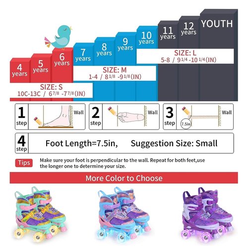 Nattork Kids Roller Skates for Girls Boys, Purple Hearts Quad Skates for Big Kids Age 7 8 9 10 - Adjustable Girls Roller Skates with All Light up Wheels - Birthday Gift for Indoor Outdoor Sports