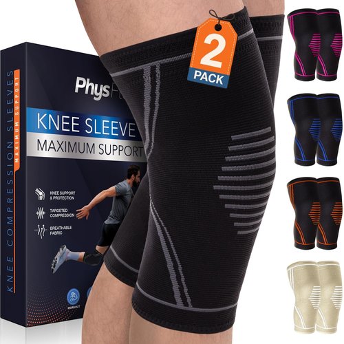 PhysFlex Knee Brace for Pain Relief - 2 Pack Knee Compression Sleeves for Men and Women - Support for Weightlifting, Gym, Workout, Volleyball - Meniscus Tear, ACL, Arthritis (XX-Large)
