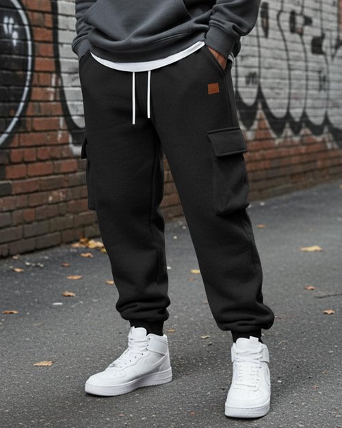 A WATERWANG Men's Fleece Cargo Sweatpants Casual Cotton Tapered Drawstring Athletic Workout Joggers Sweat Pants with Pockets Black XL