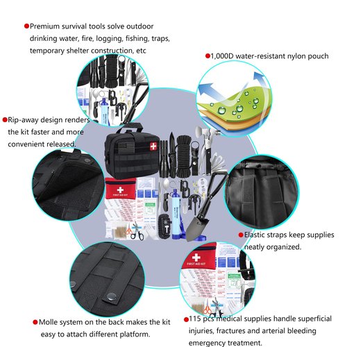 Carlebben Survival Kit Camping kit First Aid Kit Emergency Bugout Bag Gifts for Men Tactical Gear Accessories Molle Attachments Military