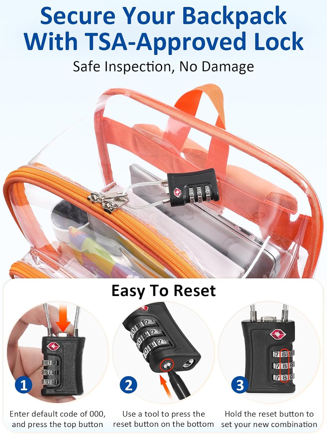 Skiennix Extra Large Clear Backpack - TSA Lock, Heavy Duty Transparent Bookbag for College & Travel | Orange