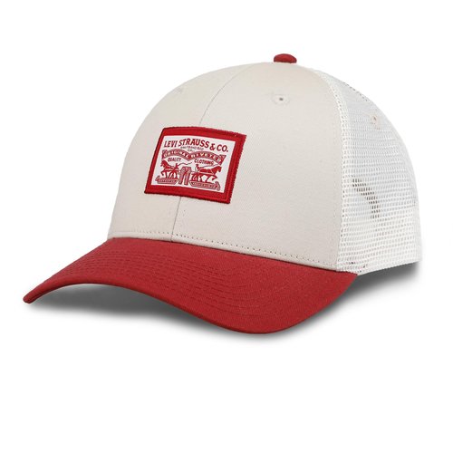 Two Tone Trucker Hat with Logo Patch, Red, One Size