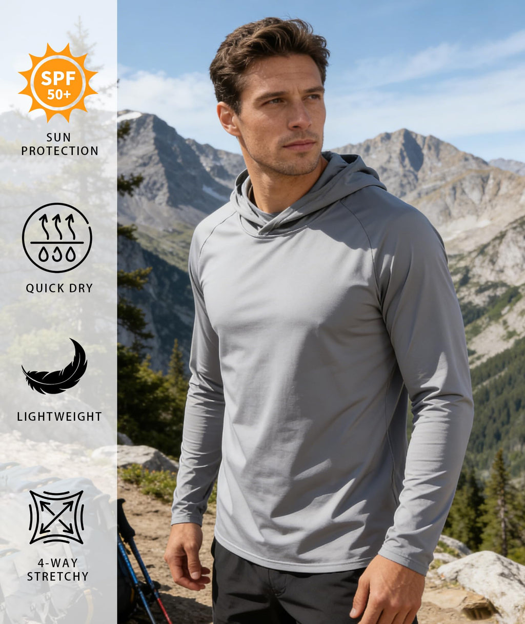 Sun Shirts for Men Long Sleeve Fishing Shirts Sun Hoodies Rash Guard Summer Hooded UPF 50+ Sun Protection Running Athletic Hoodie 5 Pack