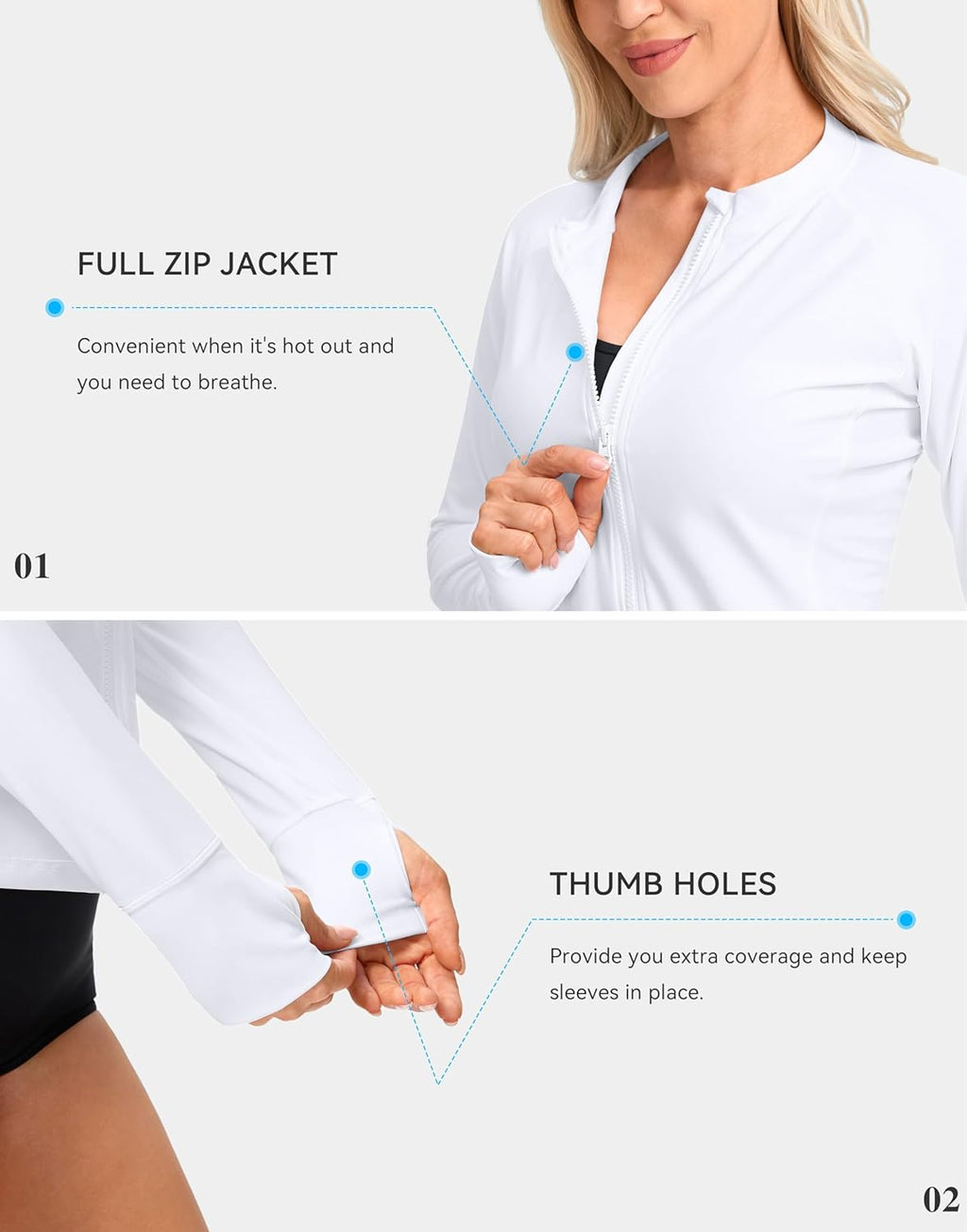 SANTINY Women's Rash Guard - UPF50+ UV Protection Long Sleeve Swim Top with Pockets | Zip Front Design