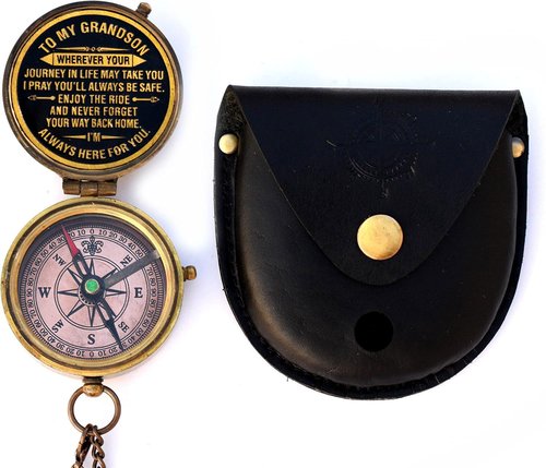 Gift for Grandson Brass Compass Engraved Quote | Memory Present to My Grandson Birthday, Baptism, Graduation, Confirmation, Love, Gift idea by Grandpa Grandma (Grandson - Always Here for You)