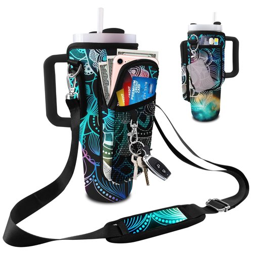 LAOTANGJIA Stanley Cup Bag with Strap Indian Hippie Bohemian Water Bottle Holde 40oz Tumbler Carrier with Strap Water Bottle Carrier Bag with Phone Pocket Stanley Cup Accessories Mandala Flower