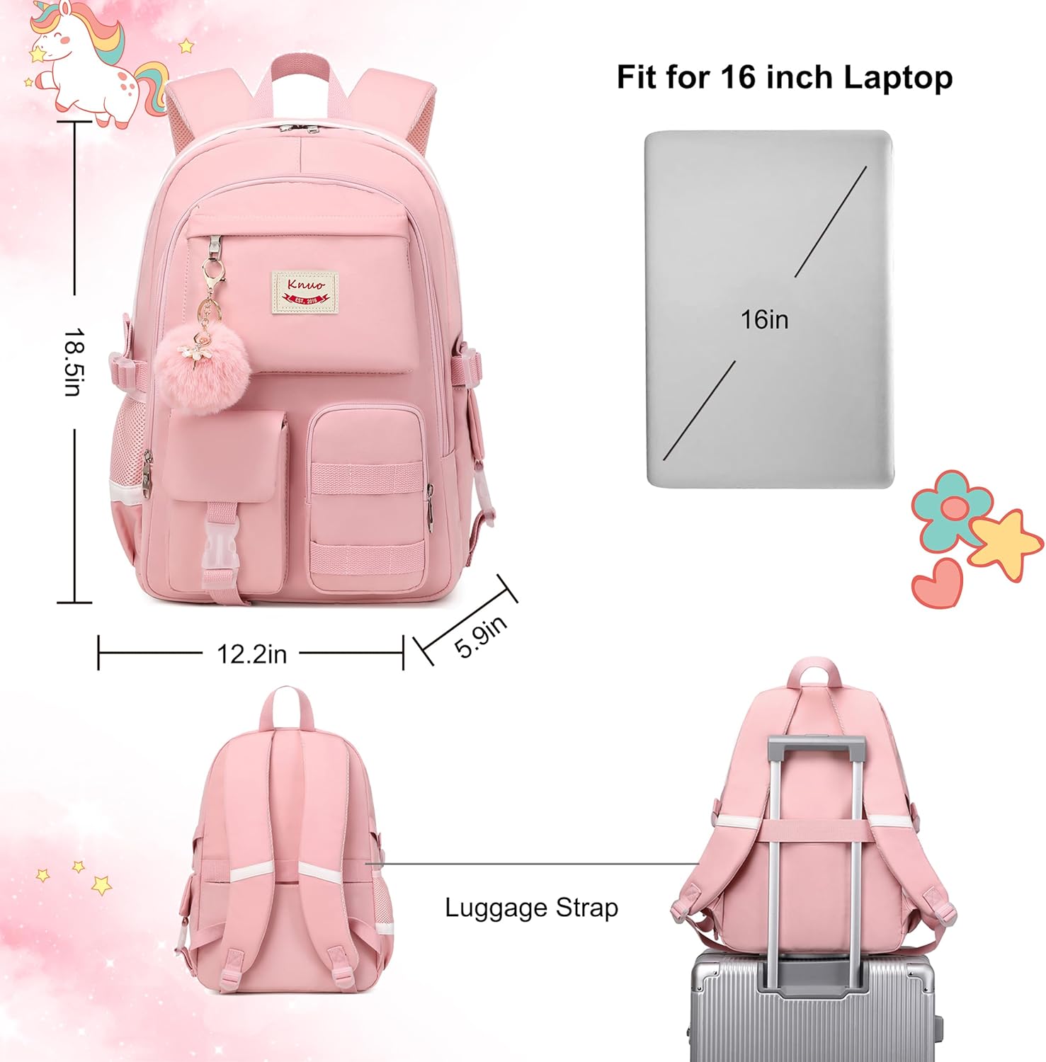 Skiennix Girls Laptop Backpack - Cute Anti-Theft Daypack for School | 15.6 Inch - Pink