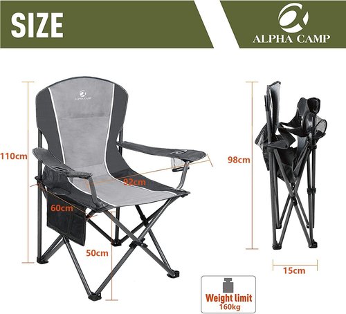 ALPHA CAMP Oversized Camping Chair - Heavy Duty Steel Frame, Supports 350 LBS, Portable with Cup Holder & Padded Arms